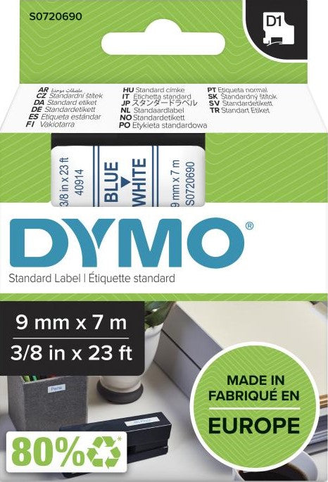 Genuine S0720690 Dymo D1 9mm x 7m Tape Blue on White