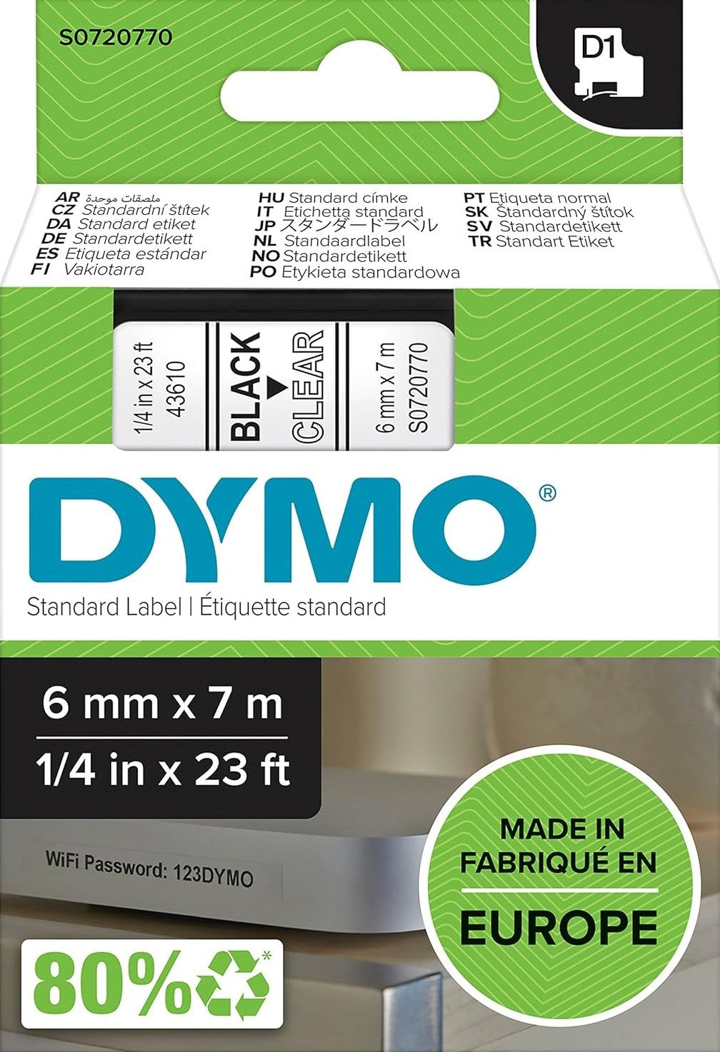S0720770 Dymo D1 6mm x 7m Black on Clear (43610)