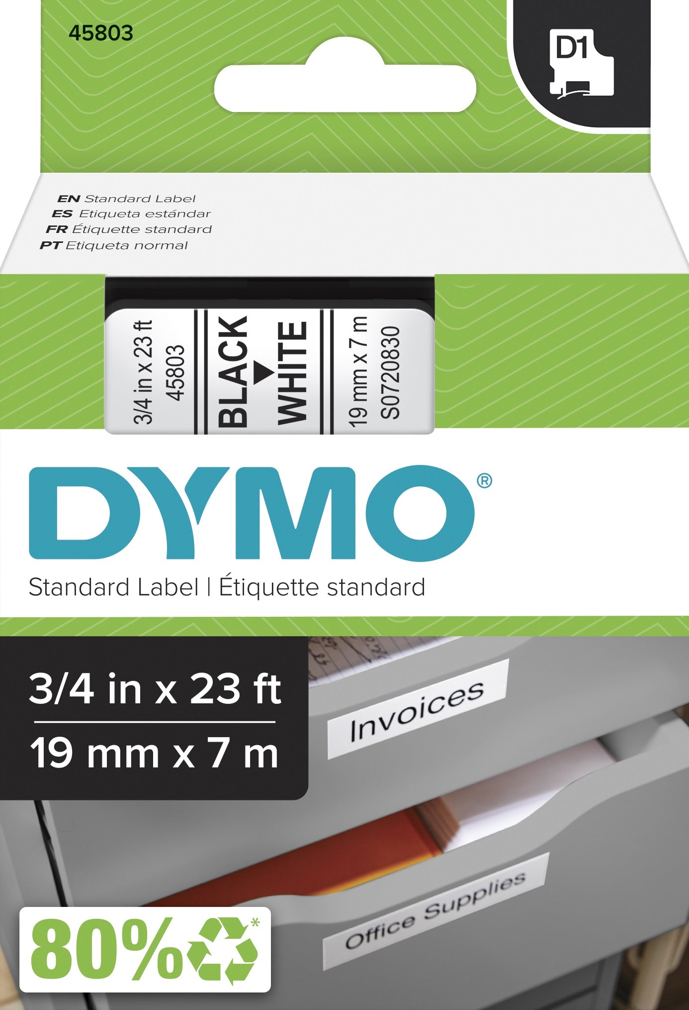 S0720830 Dymo D1 19mm x 7m Black on White (45803)