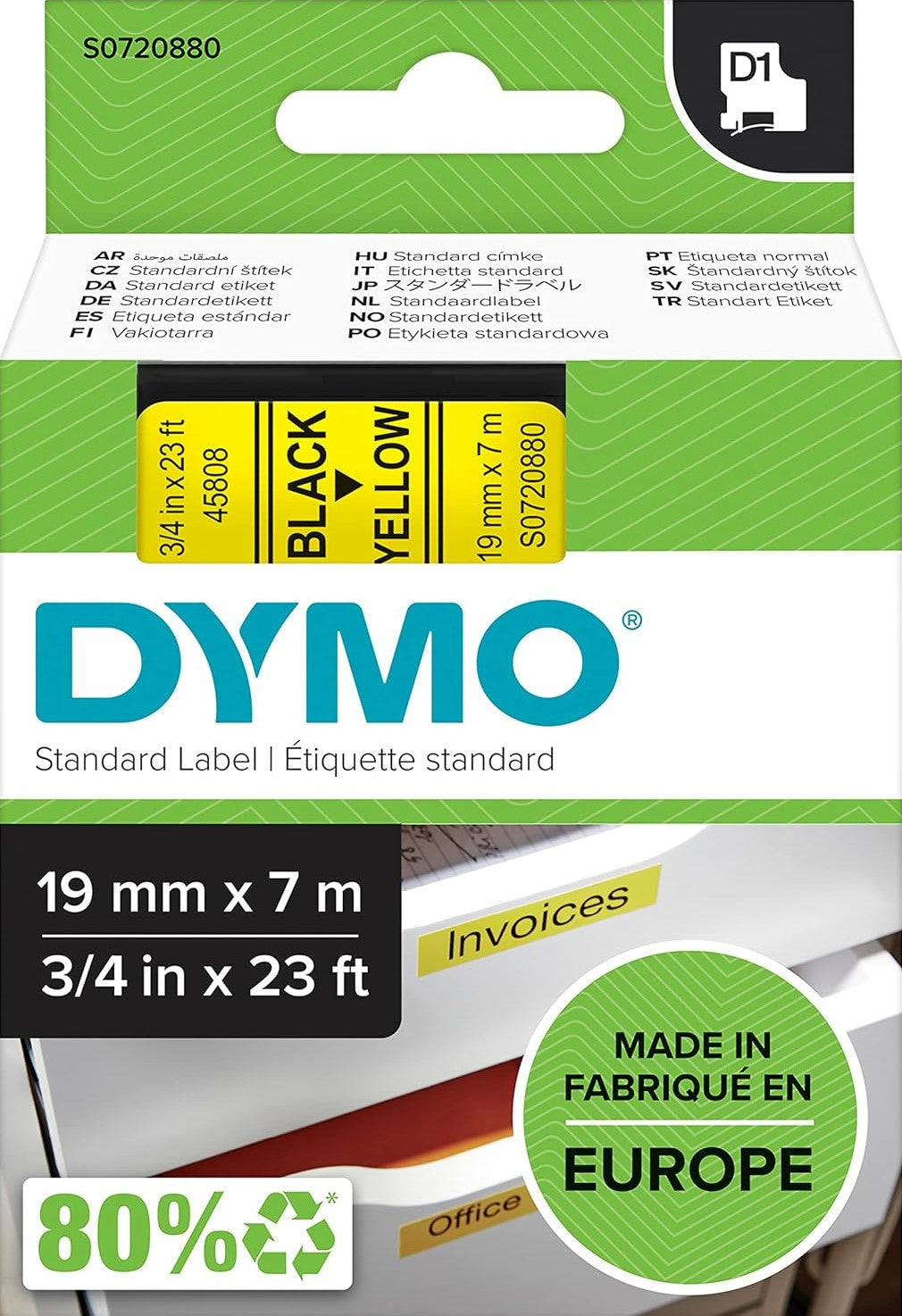 S0720880 Dymo D1 19mm x 7m Black on Yellow (45808)