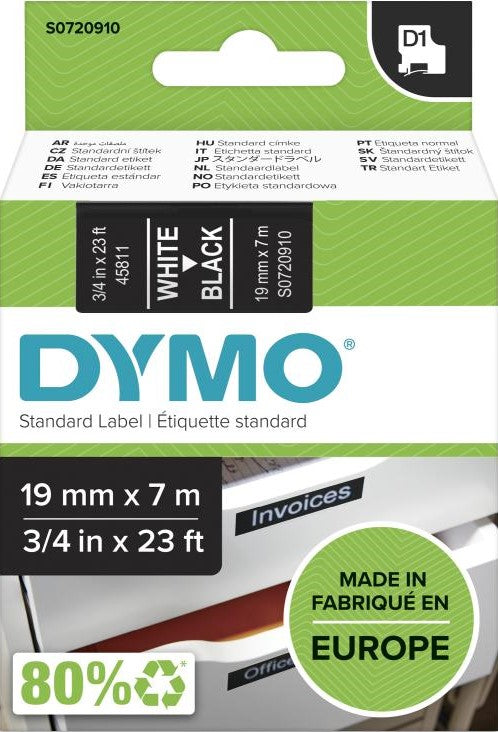 S0720910 Dymo D1 19mm x 7m White on Black (45811)