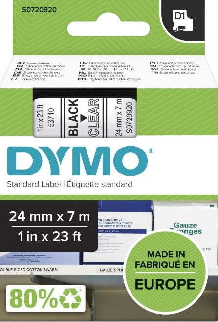 S0720920 Dymo D1 24mm x 7m Black on Clear (53710)