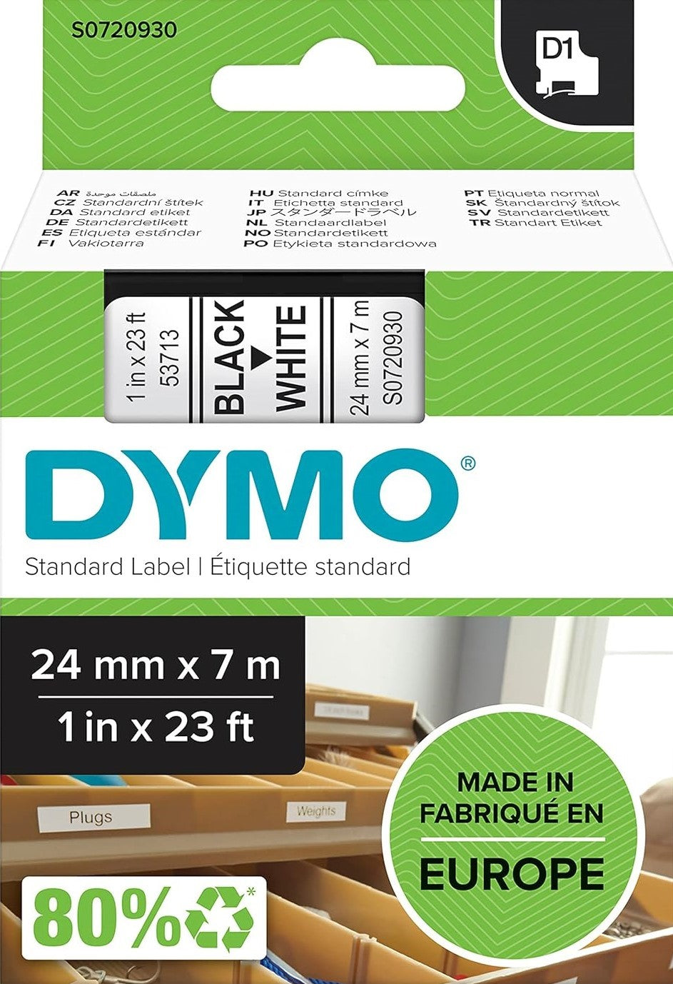 S0720930 Dymo D1 24mm x 7m Black on White (53713)