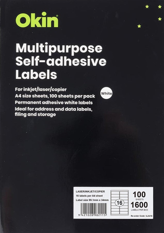 Okin Labels - 16 Labels per sheet (100 sheets)
