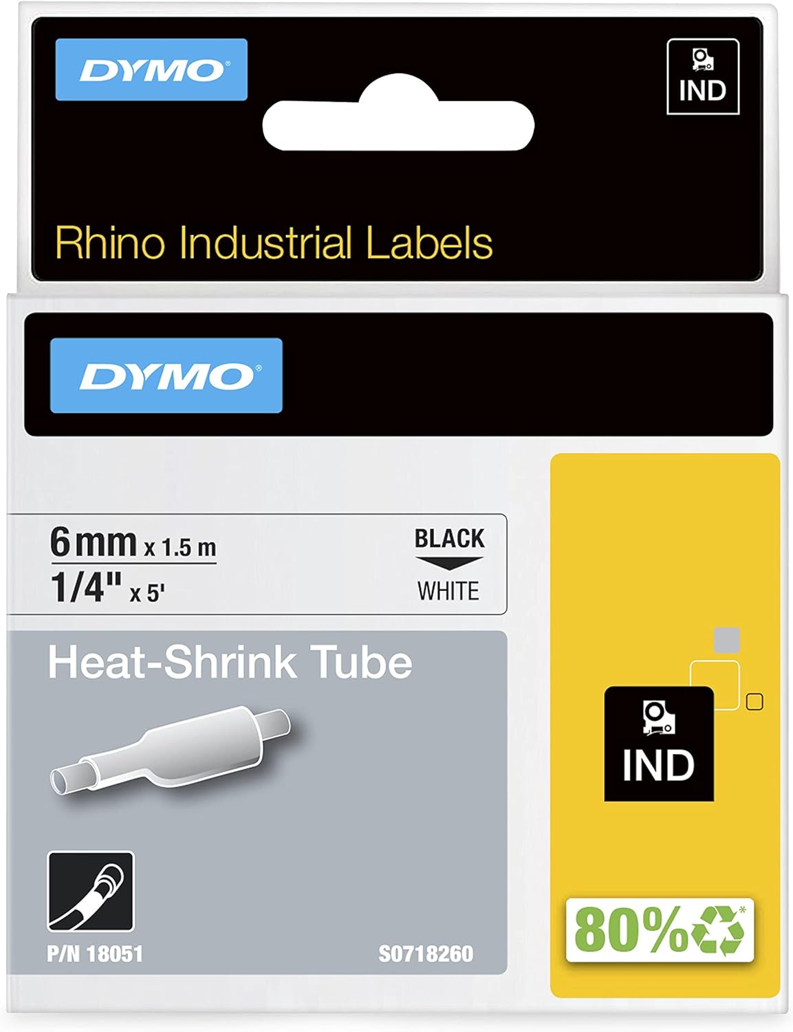 18051 Dymo Rhino Heat-Shrink 6mm x 1.5m Black on White