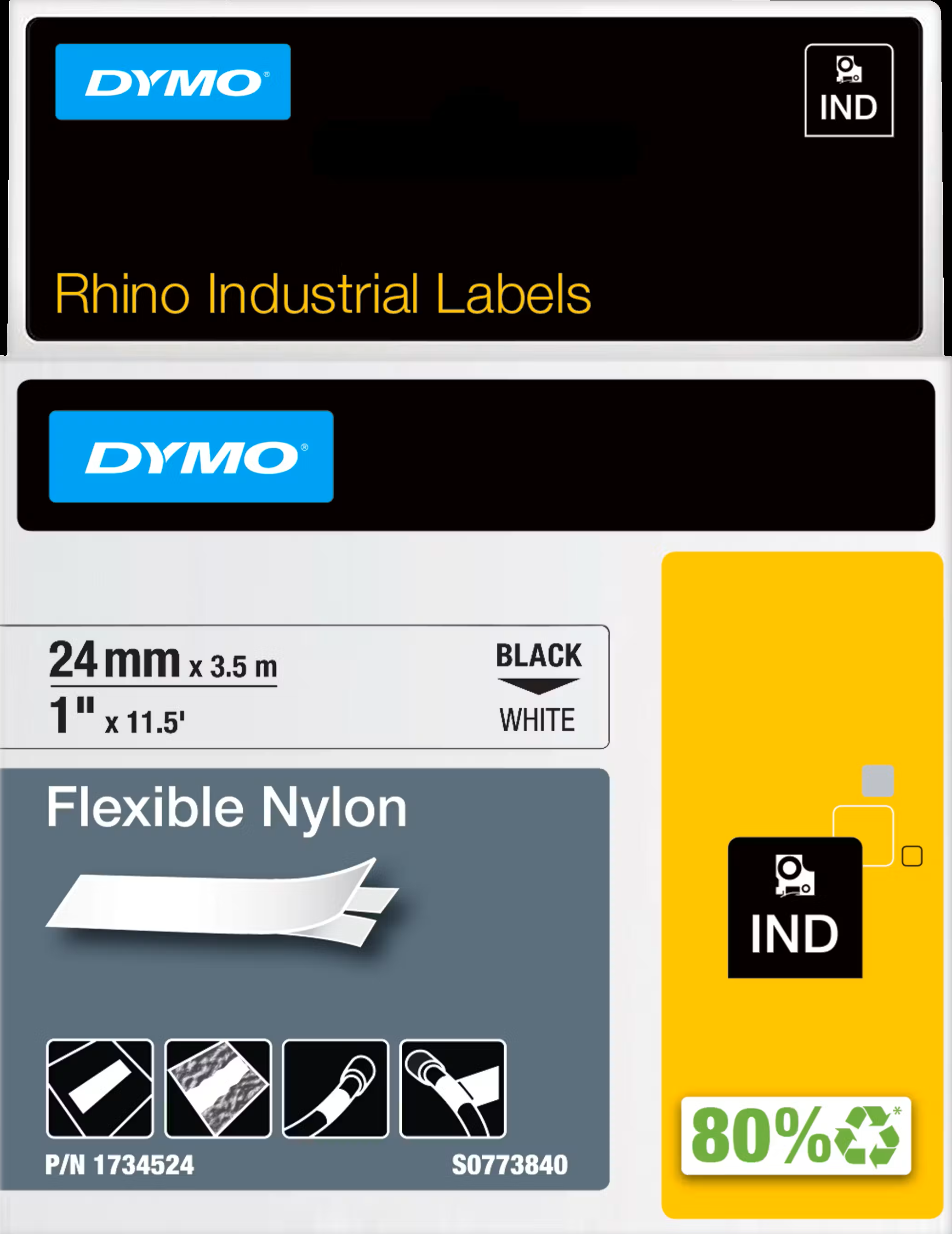 1734524 Dymo Rhino Flexible Nylon 24mm x 3.5m Black on White Adhesive Tape