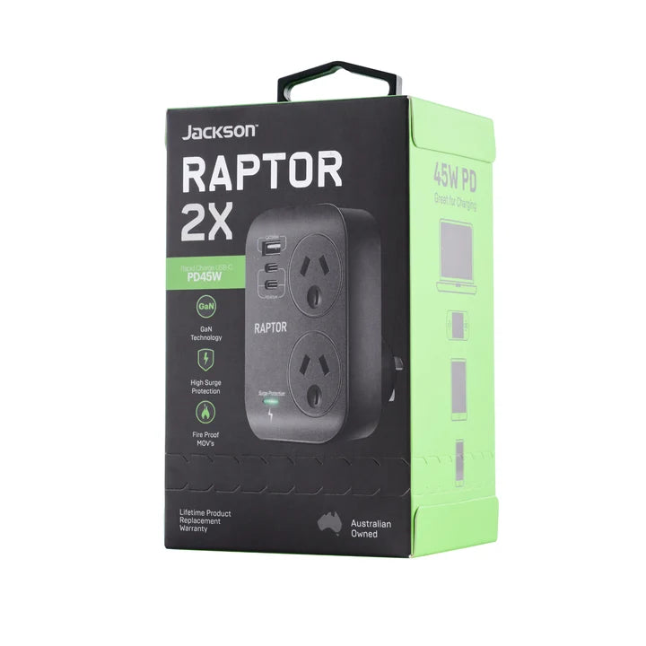 Raptor 2 Outlet Slimeline Double Adaptor, 45W USB