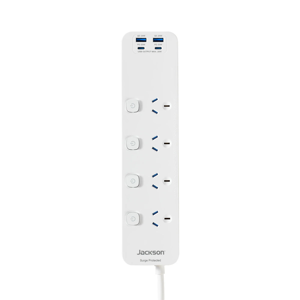 Jackson 4 Individual Switched Outlets Powerboard, 20W USB-A + USB-C