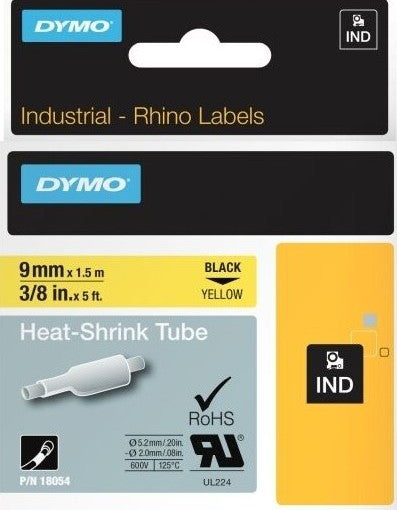18054 Dymo Rhino Heat-Shrink 9mm x 1.5m Black on Yellow