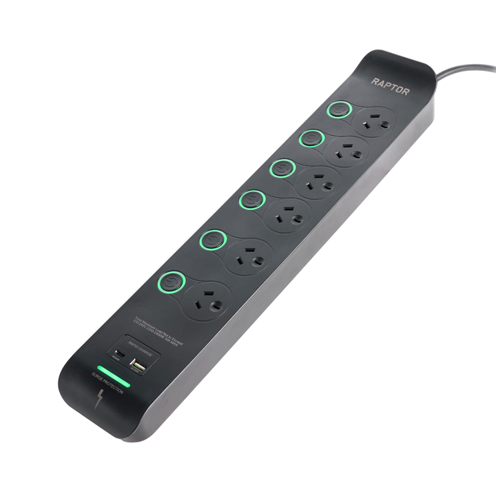Raptor 6 Individually Switched Outlets Powerboard, 45W USB