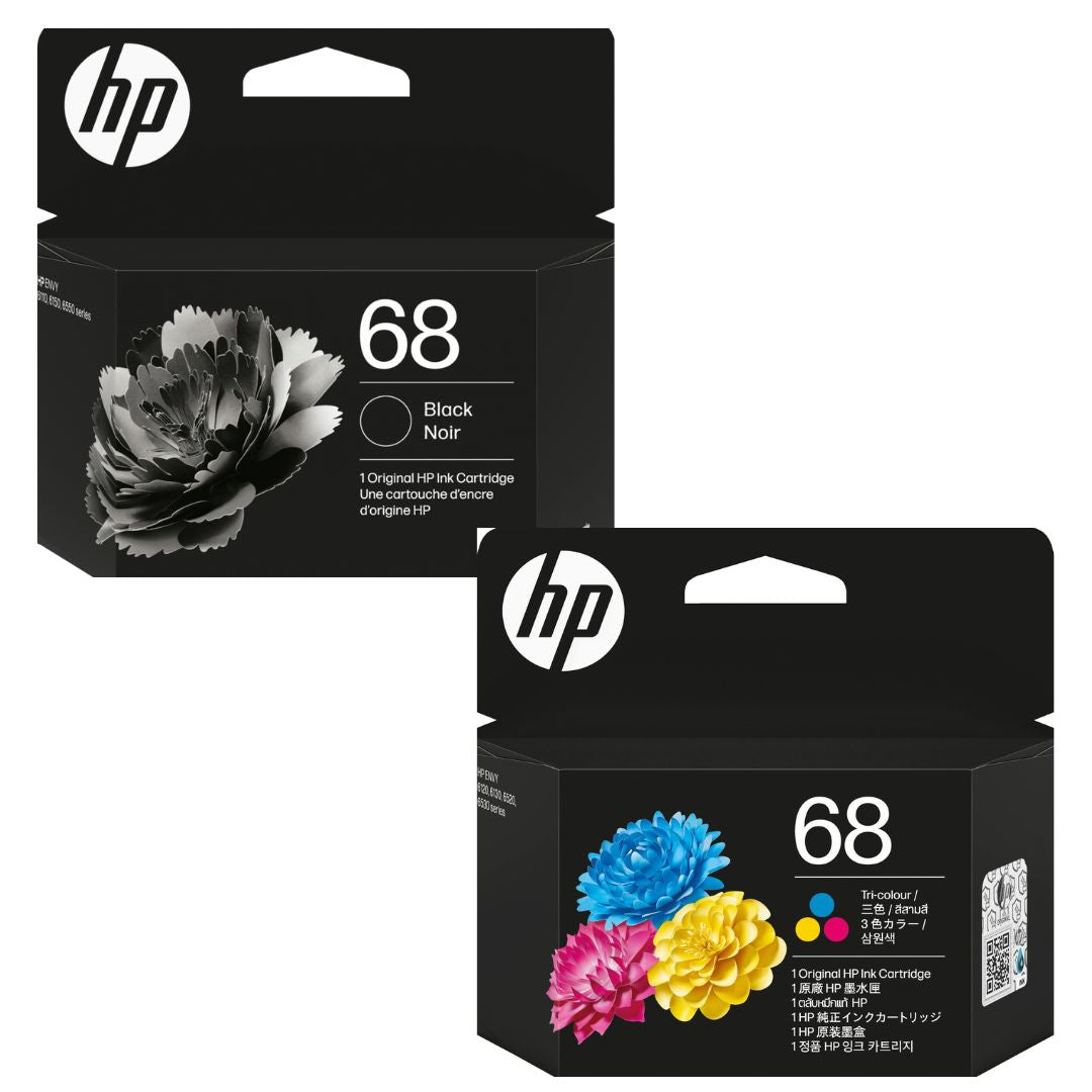 Two HP ink cartridge boxes, one black and white and the other with colored flowers, on a white background.