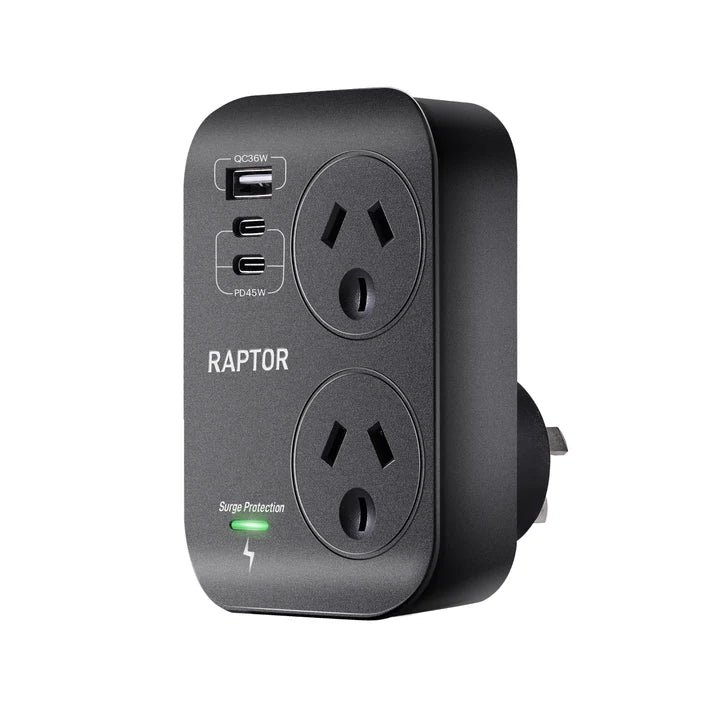 Raptor 2 Outlet Slimeline Double Adaptor, 45W USB