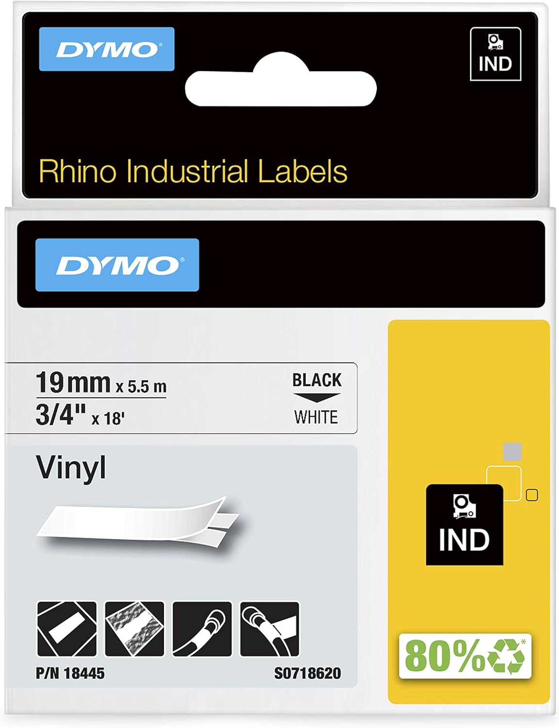 18445 Dymo Rhino Vinyl 19mm x 5.5m Black on White Adhesive Tape