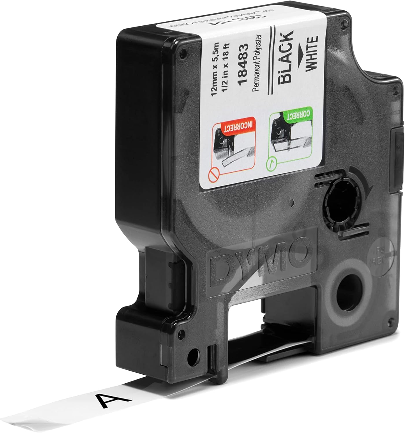 18483 Dymo Rhino Perm Polyester 12mm x 5.5m Black on White Adhesive Tape