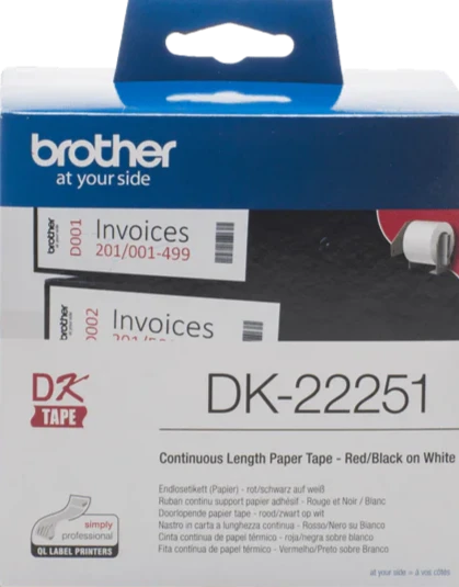 DK22251 Brother 62mm Continuous Length Paper Label Tape Black and Red on White