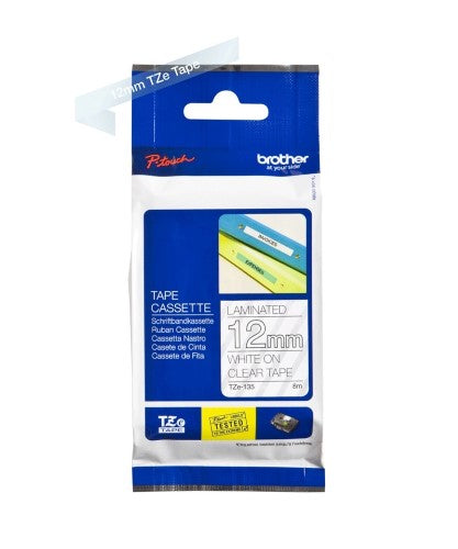 TZe-135 Brother 12mm x 8m White on Clear Adhesive Laminated Tape