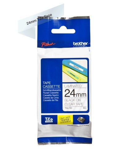 TZe-151 Brother 24mm x 8m Black on Clear Adhesive Laminated Tape