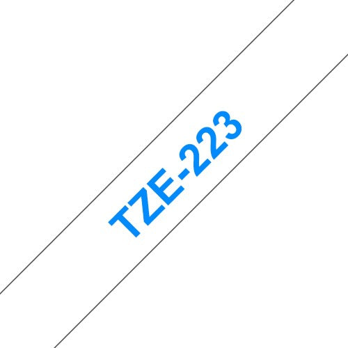 TZe-223 Brother 9mm x 8m Blue on White Adhesive Laminated Tape
