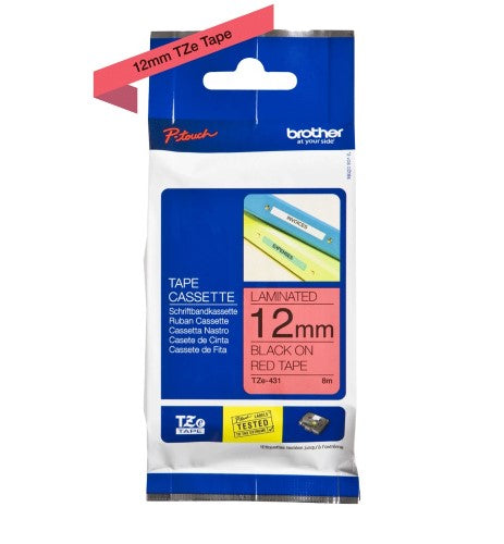 TZe-431 Brother 12mm x 8m Black on Red Adhesive Laminated Tape