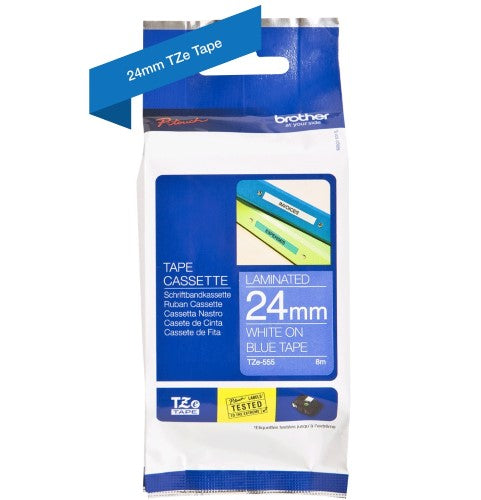 TZe-555 Brother 24mm x 8m White on Blue Adhesive Laminated Tape