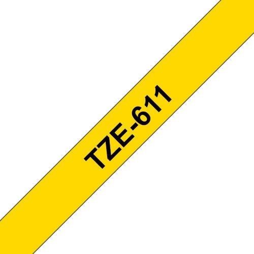 TZe-611 Brother 6mm x 8m Black on Yellow Adhesive Laminated Tape