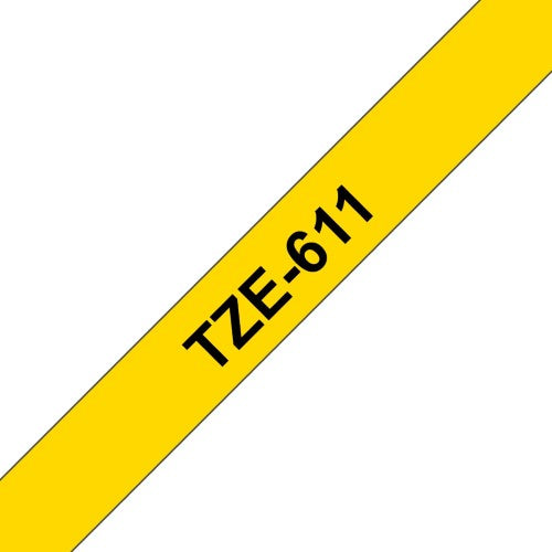TZe-611 Brother 6mm x 8m Black on Yellow Adhesive Laminated Tape