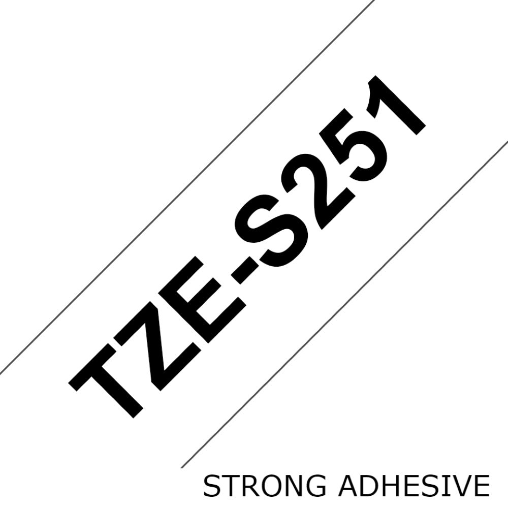TZe-S251 Brother 24mm x 8m Black on White Strong Adhesive Laminated Tape