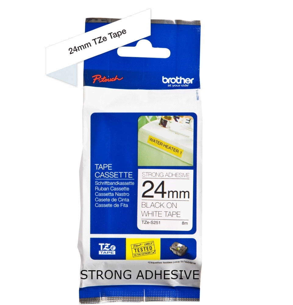 TZe-S251 Brother 24mm x 8m Black on White Strong Adhesive Laminated Tape