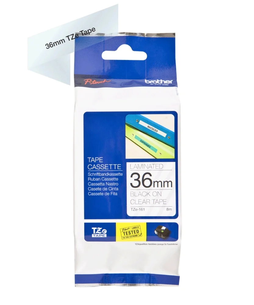 TZe-161 Brother 36mm x 8m Black on Clear Adhesive Laminated Tape
