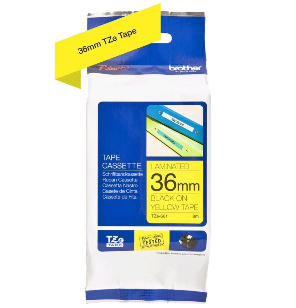 TechWarehouse TZe-661 Brother 36mm x 8m Black on Yellow Adhesive Laminated Tape Brother
