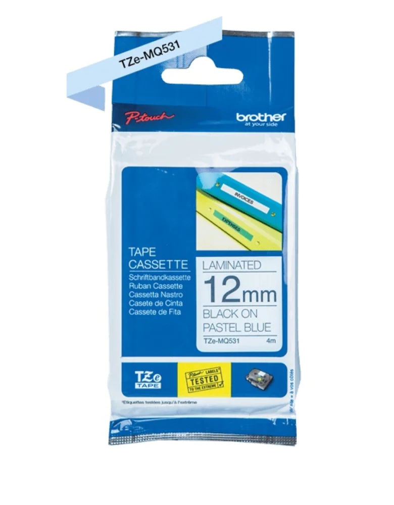 TZe-MQ531 Brother 12mm x 4m Black on Pastel Blue Adhesive Laminated Ta