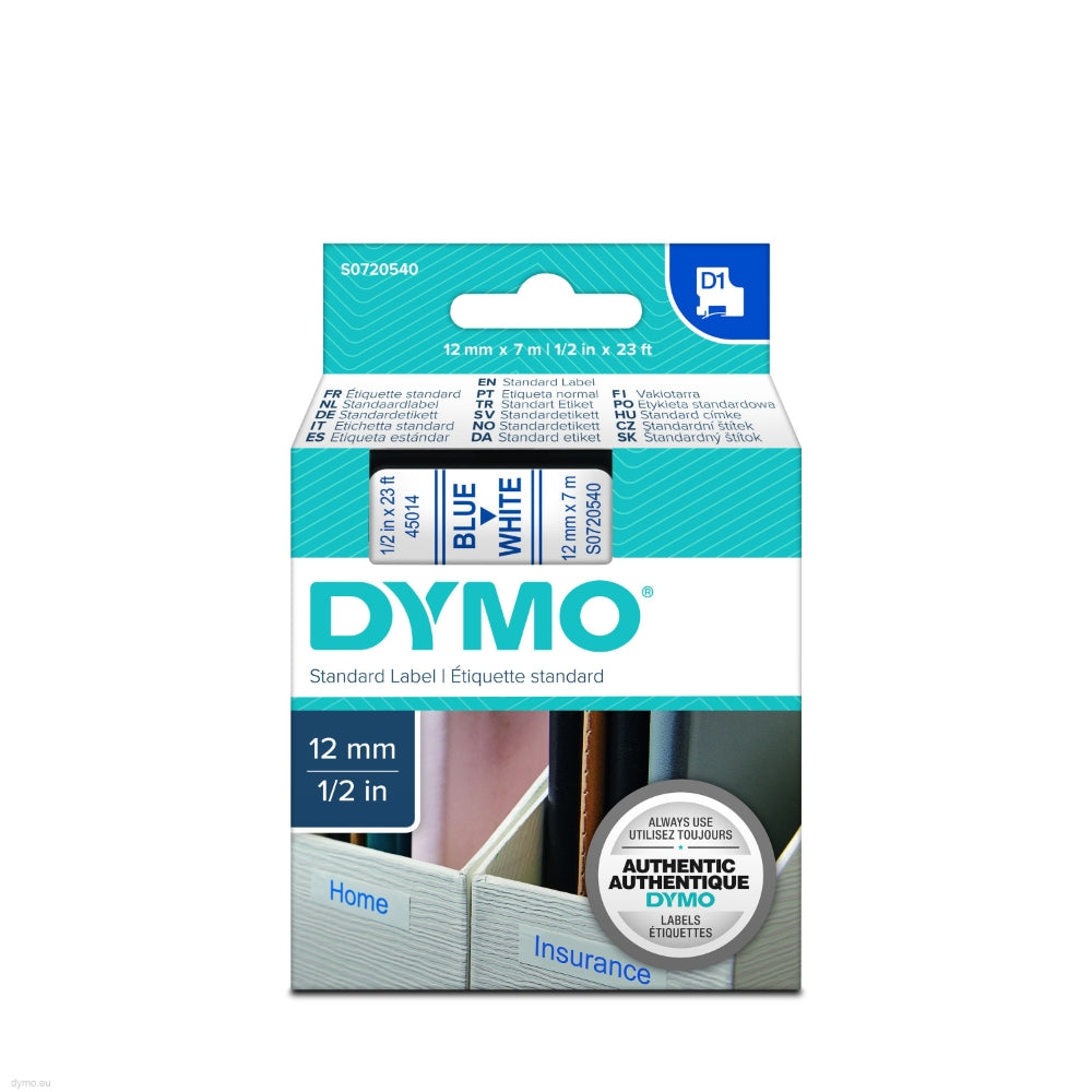 S0720540 Dymo D1 12mm x 7m Label Tape Blue on White