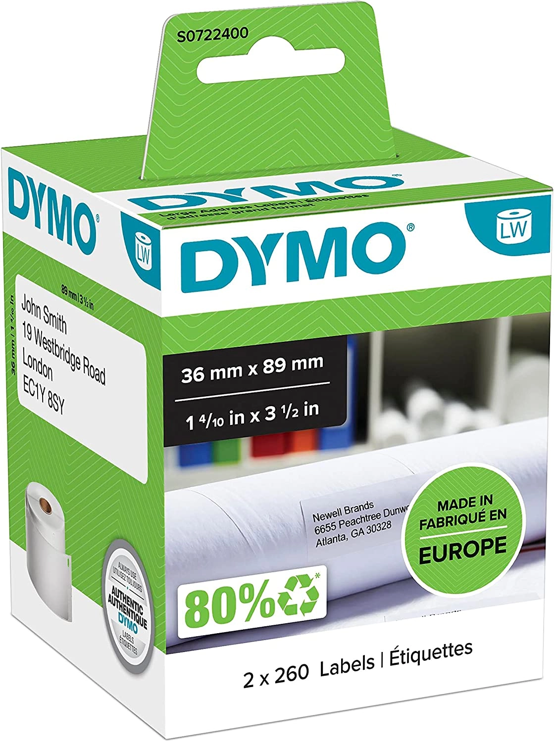 S0722400 Dymo LW 36mm x 89mm 260 Labels - 2 Pack (99012)