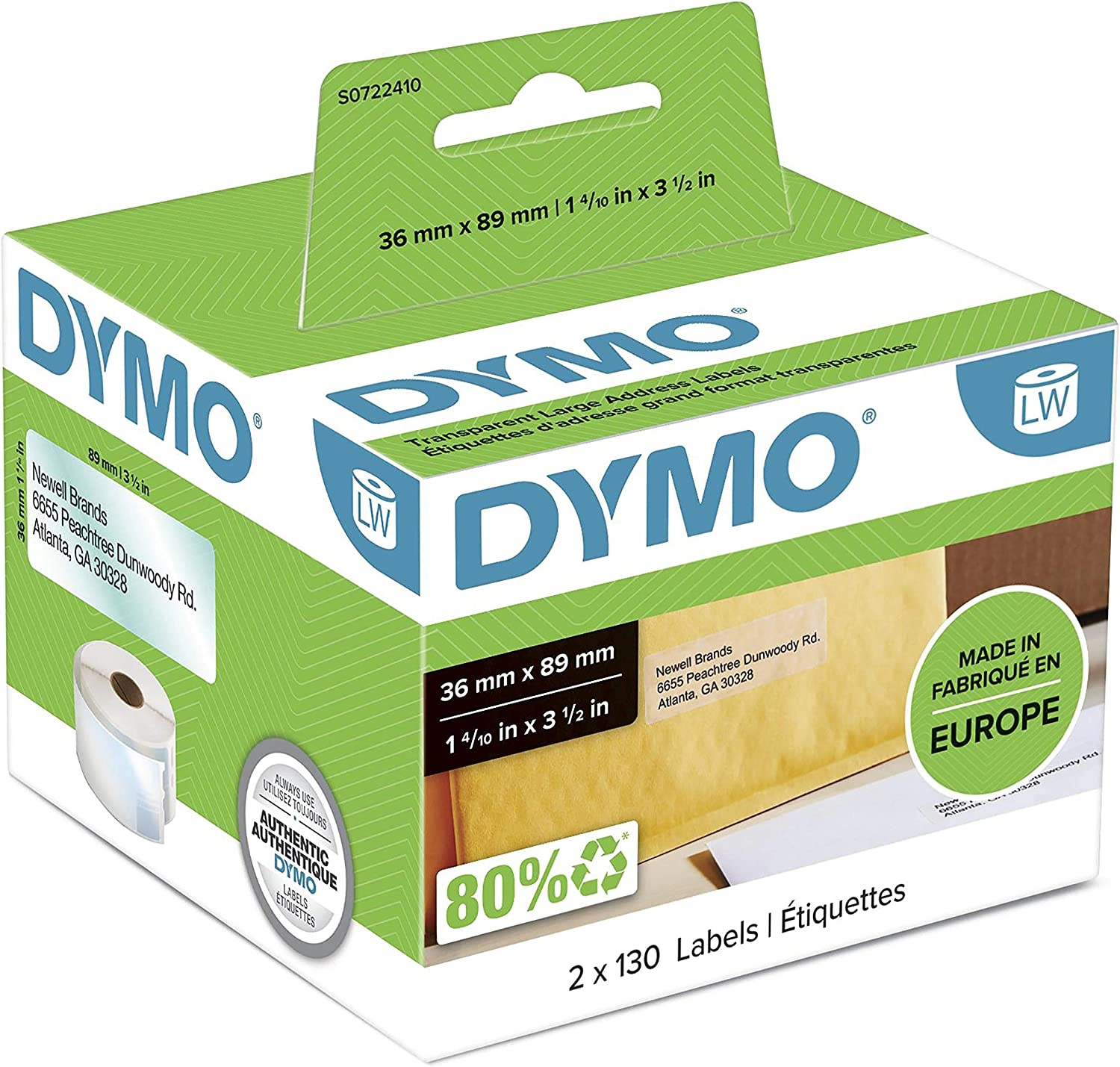 S0722410 Dymo LW 36mm x 89mm Transparent Plastic Roll (99013)