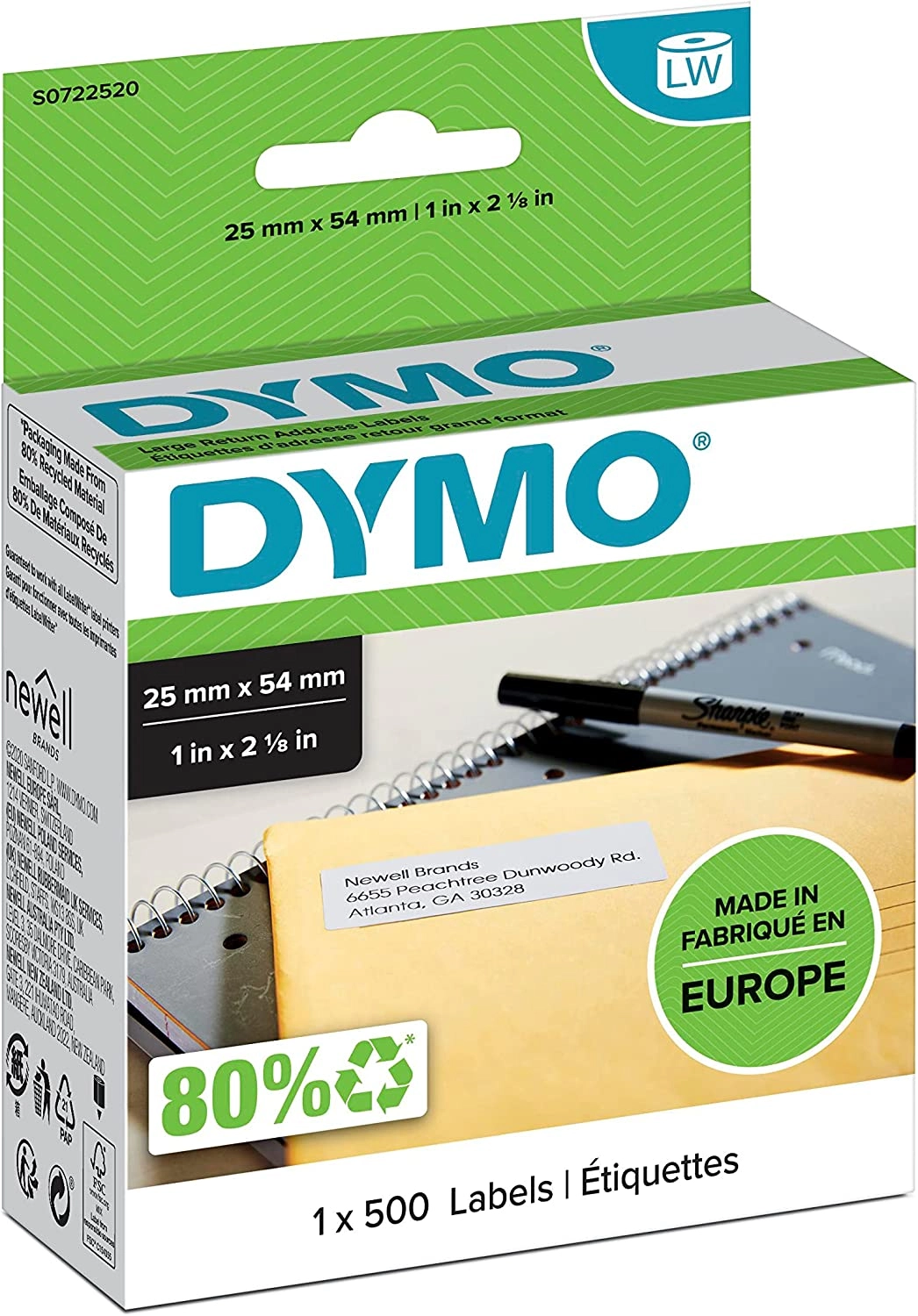 S0722520 Dymo LW 25mm x 54mm 500 labels per Roll (11352)