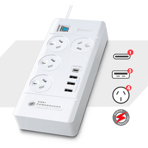 Sansai 4 Way Powerboard w/ 4x USB, 1x USB-C