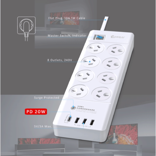 Sansai 8 Way Surge Powerboard w/4 USB Ports