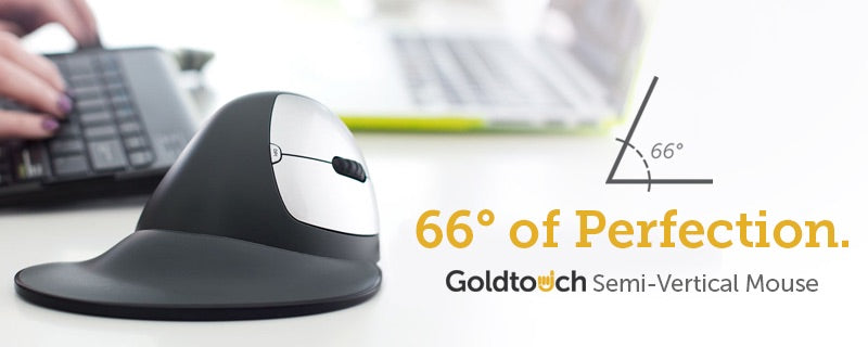 Goldtouch semi vertical mouse showing the 66 degree angle