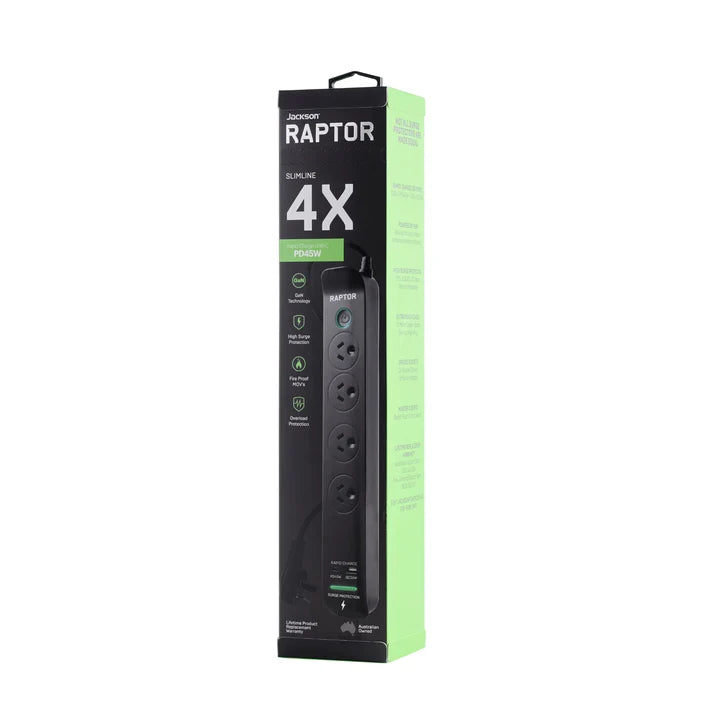 Raptor 4 Outlets Slimline Powerboard, 45W USB