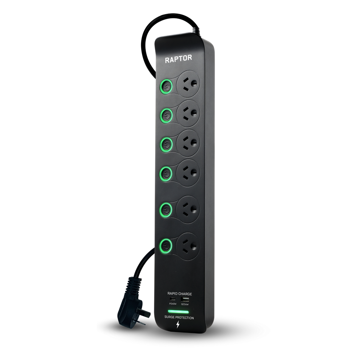 Raptor 6 Individually Switched Outlets Powerboard, 45W USB
