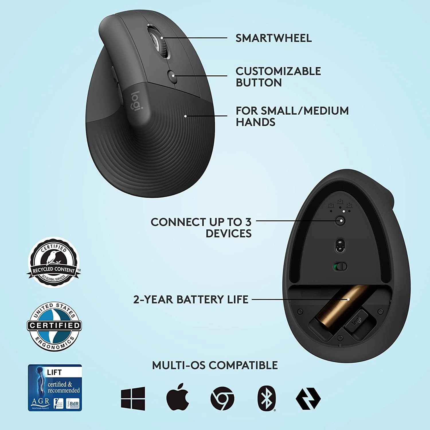 Logitech Lift Vertical Ergonomic Mouse Wireless - Rose