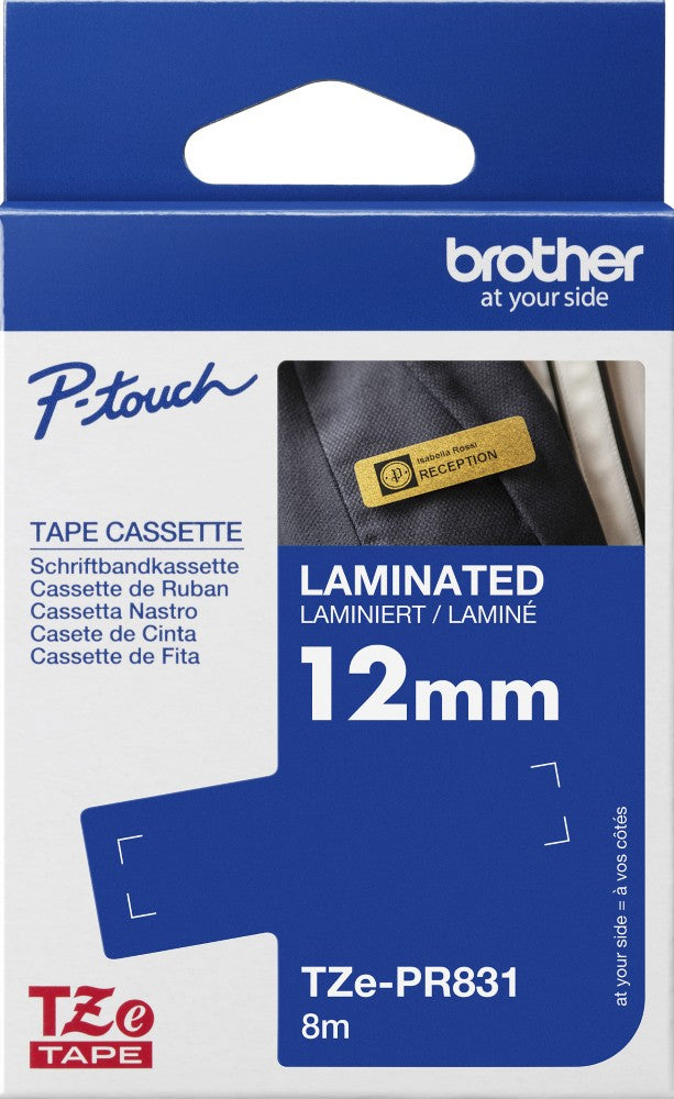 TZe-PR831 Brother 12mm x 4m Black on Premium Gold Adhesive Laminated Tape