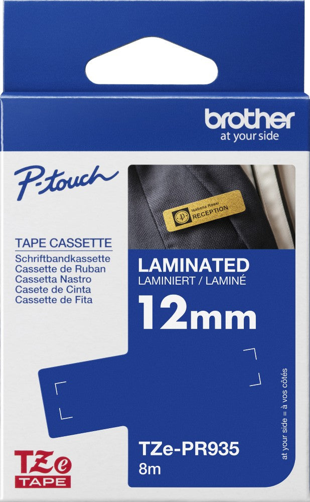 TZe-PR935 Brother 12mm x 4m White On Premium Silver Adhesive Laminated Tape
