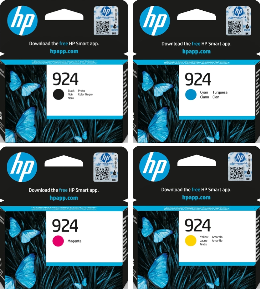 Four HP 924 ink cartridges with black, cyan, magenta, and yellow on a black background.