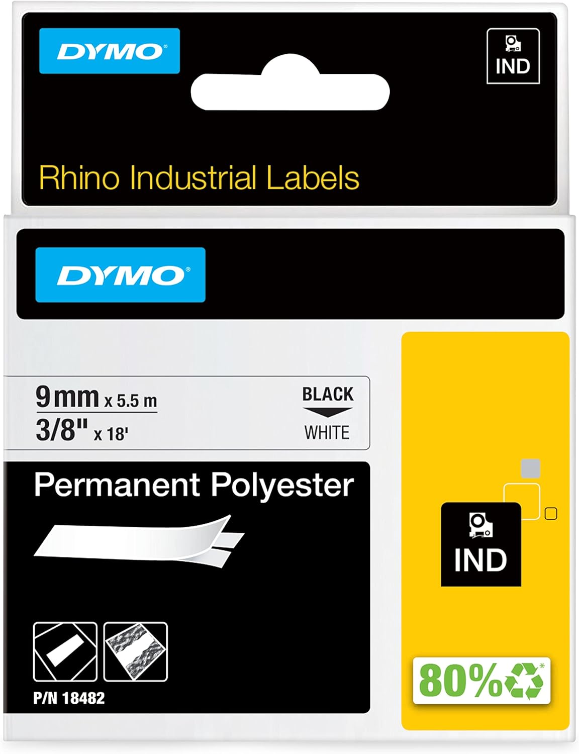 18482 Dymo Rhino Perm Polyester 9mm x 5.5m Black on White Adhesive Tape