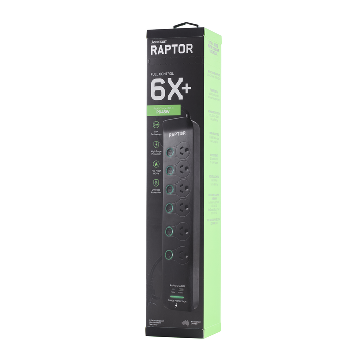 Raptor 6 Individually Switched Outlets Powerboard, 45W USB