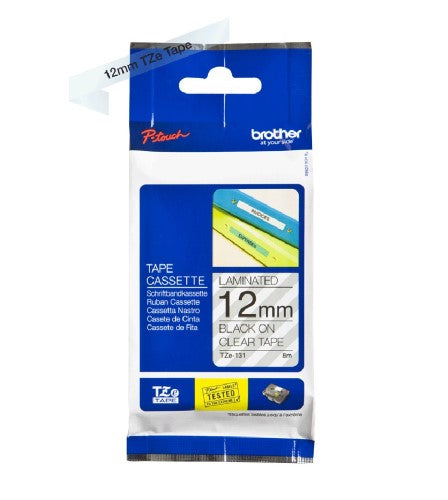 TZe-131 Brother 12mm x 8m Black on Clear Adhesive Laminated Tape