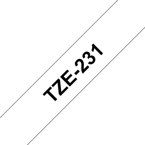 TZe-231 Brother 12mm x 8m Black on White Adhesive Laminated Tape