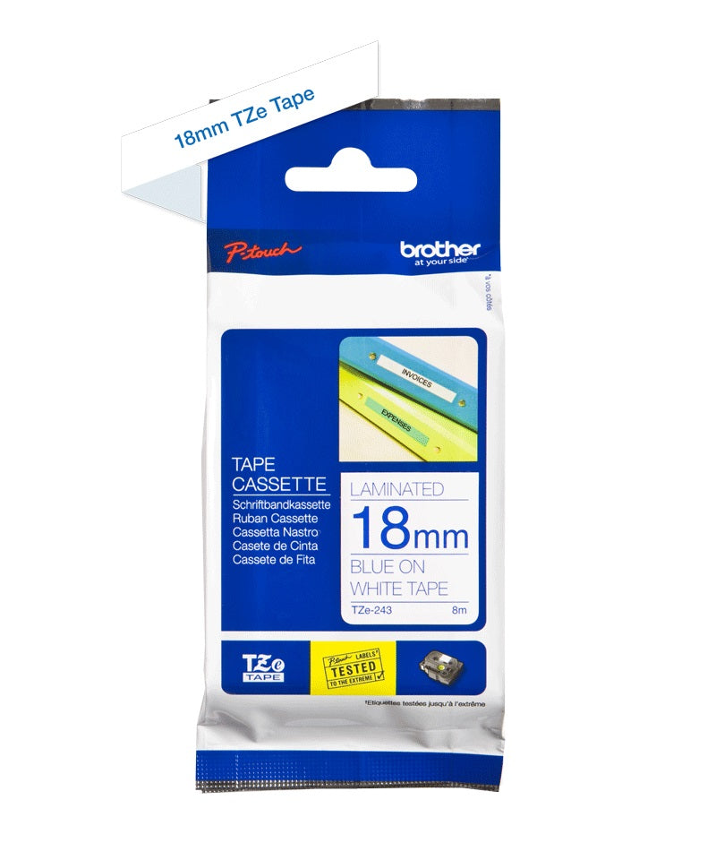 TZe-243 Brother 18mm x 8m Blue on White Adhesive Laminated Tape