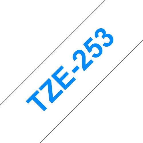 TZe-253 Brother 24mm x 8m Blue on White Adhesive Laminated Tape